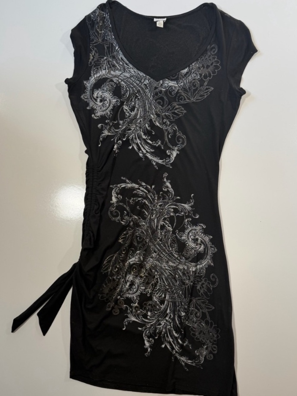 Vintage Cache Black Silver Scroll Ruched Side Tie Dress-Size L y2k